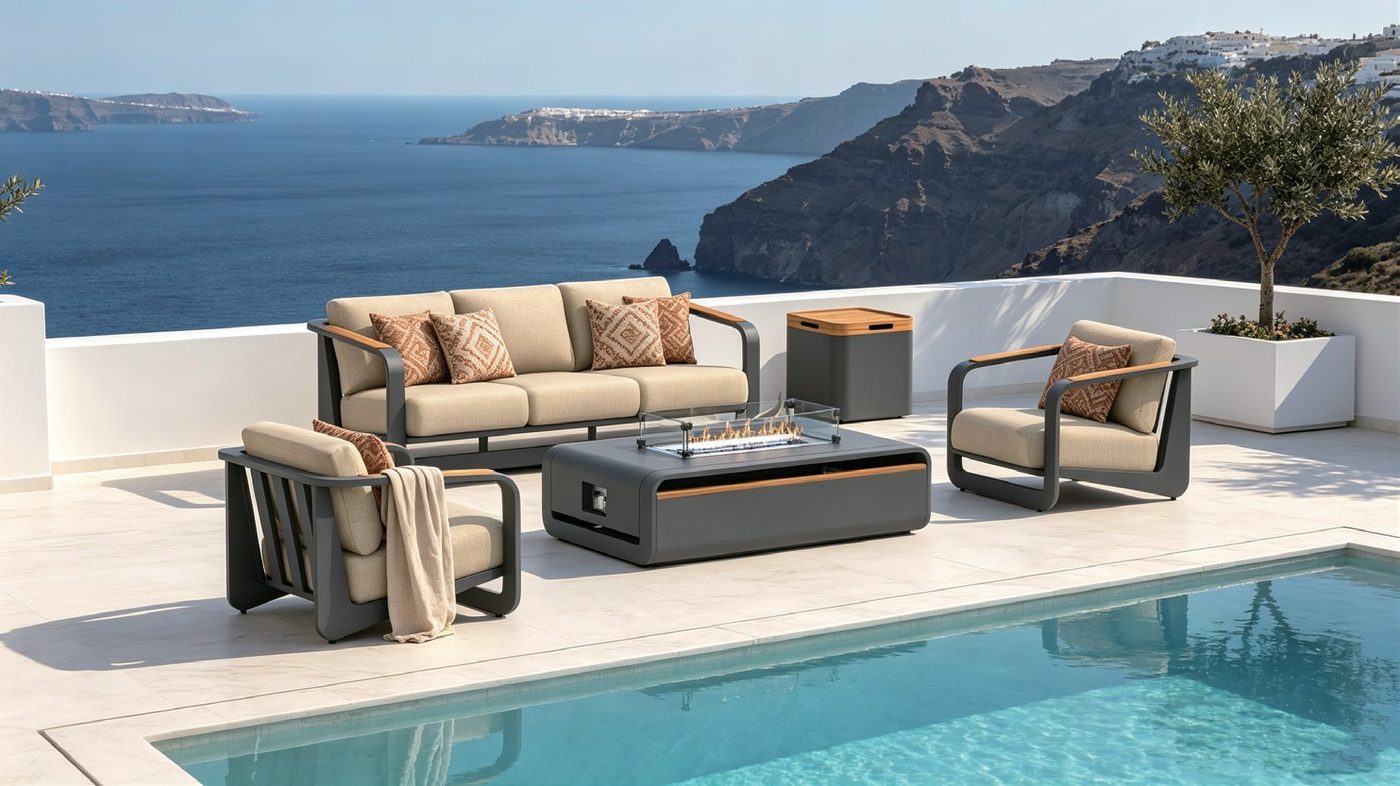 Aluminum sofa set with a fire pit table beside a pool