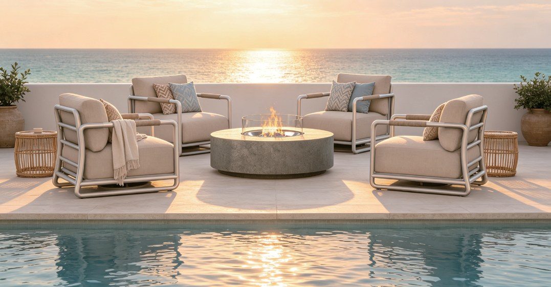 Rope lounge chairs around a round GFRC fire bowl at sunset