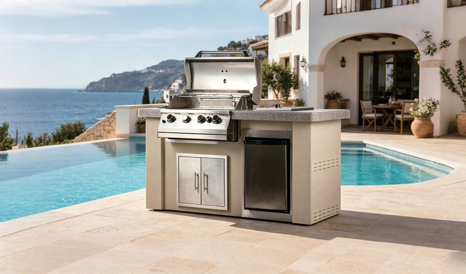 Outdoor kitchen island with built-in grill and refrigerator beside a pool