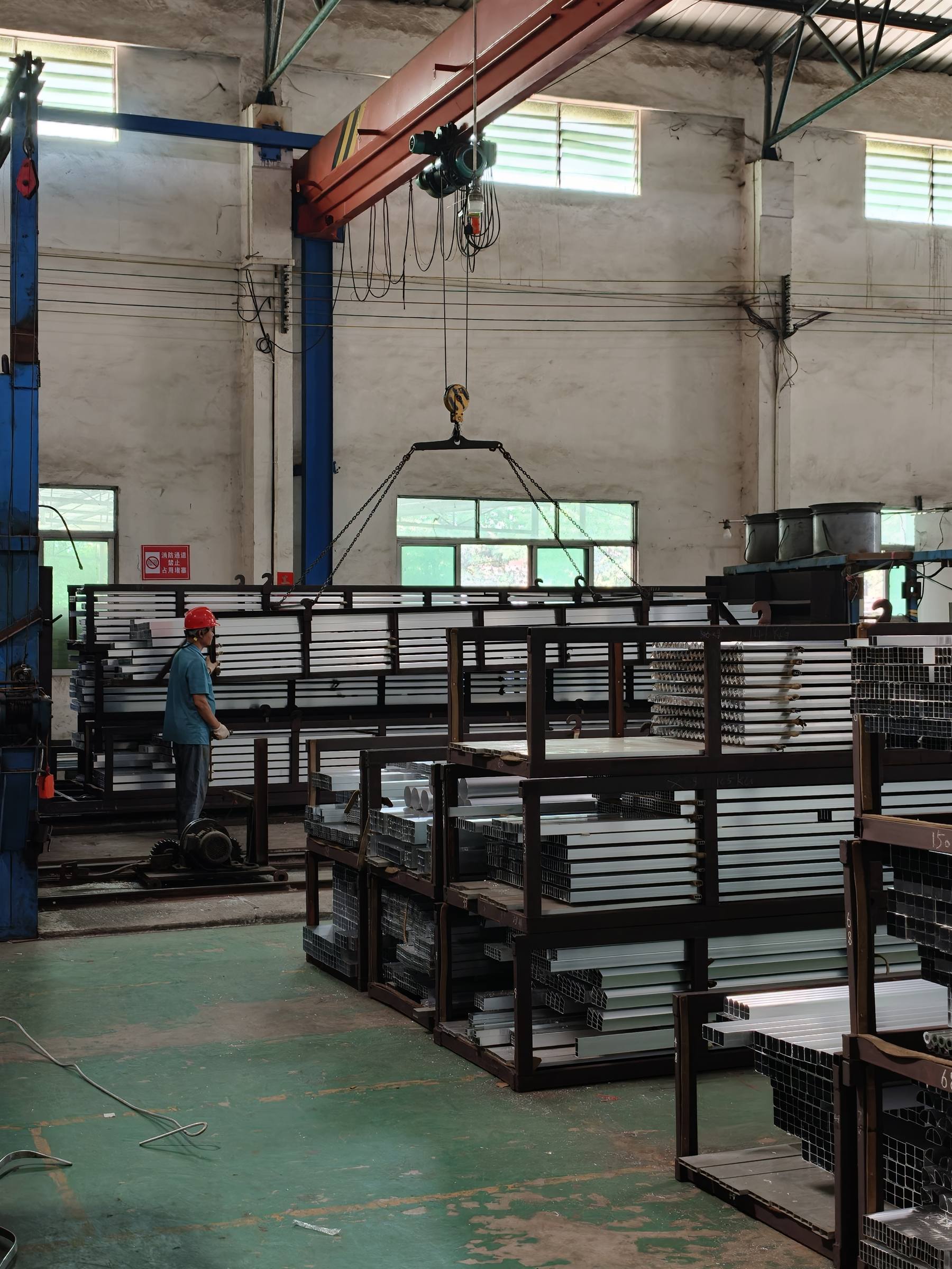 Overhead crane moving racks of finished aluminum profiles