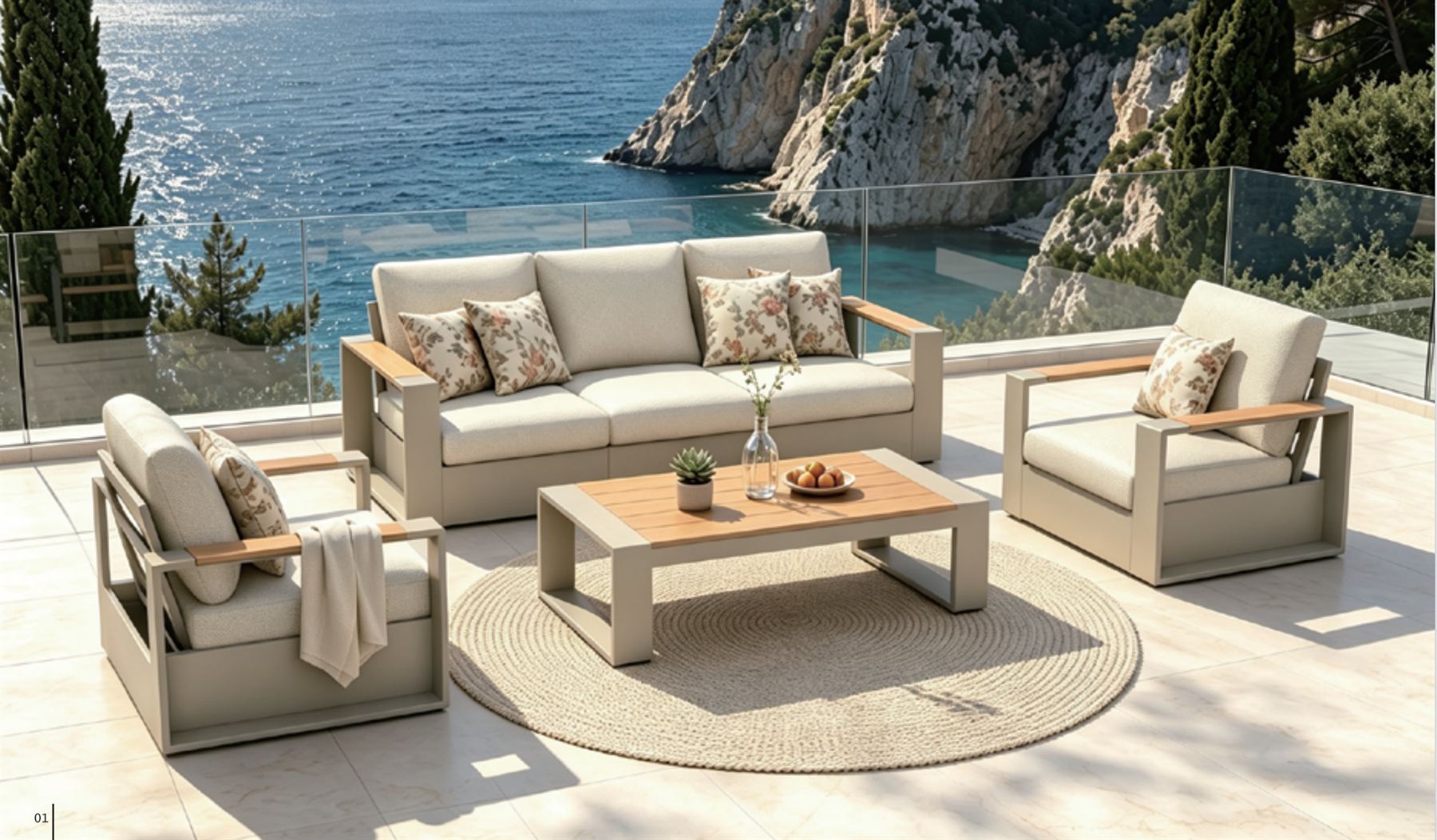 Aluminum outdoor sofa set with teak-look armrests on a coastal terrace