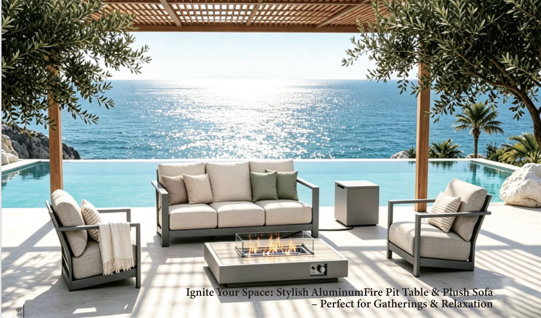 Aluminum fire pit table with live flame beside an outdoor sofa set