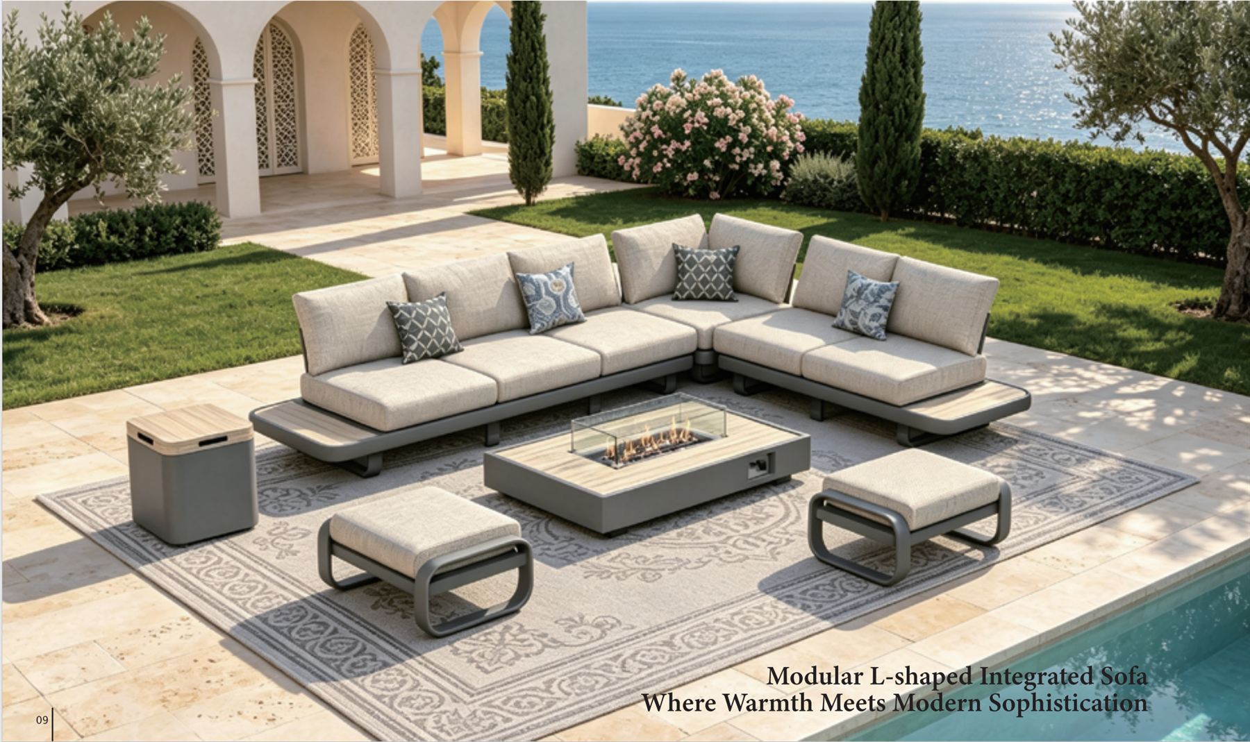 Modular L-shaped outdoor sofa with integrated fire pit table